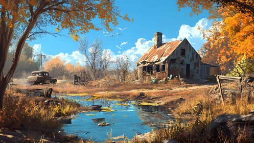 Rusty farmhouse refuge beside a bright autumn pond.