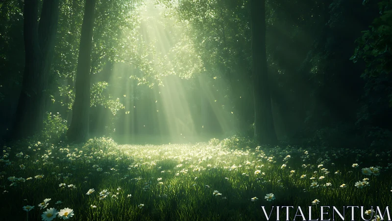 Sunlit Enchanted Forest Clearing with Blooming Daisies, Photorealistic Style.