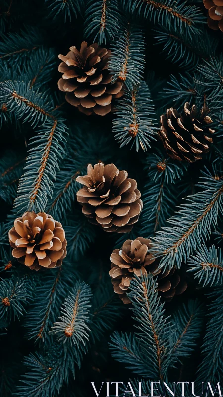Close-depth macro view isolates pine cones within cool spruce boughs