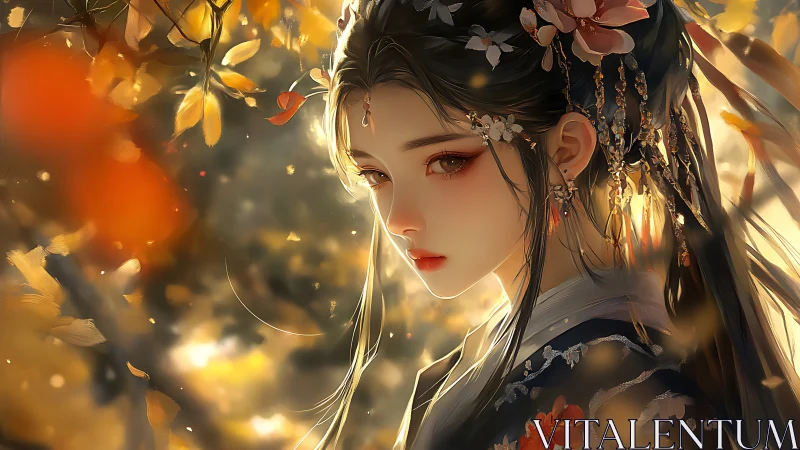 Autumn backlit portrait of hanfu maiden with ornate floral hair ornaments