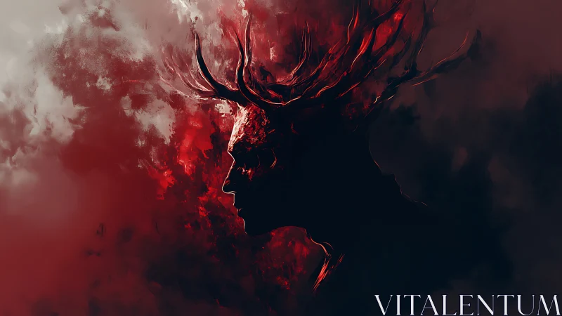 Horned silhouette in red-black atmospheric digital portrait study