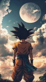 Boy in orange gi stands under large moon above clouds