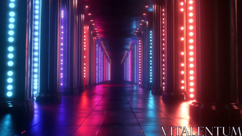 Neon column corridor glows with saturated cyberpunk light.