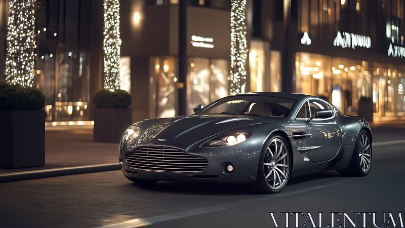Gray sports coupe parked on city street at night