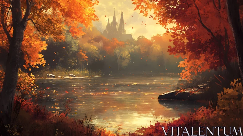 Medieval Castle in Autumn Forest at Golden Hour.