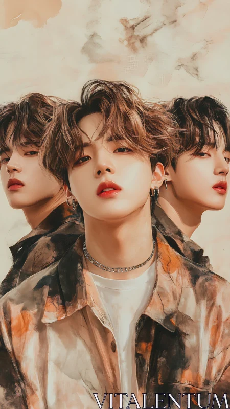 Stylized triple portrait of young man in warm tones.