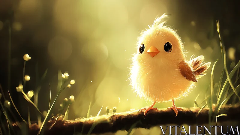 Fluffy yellow chick glows on a sunlit forest branch.