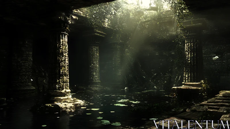 Sunlit overgrown stone ruin interior contains dark water