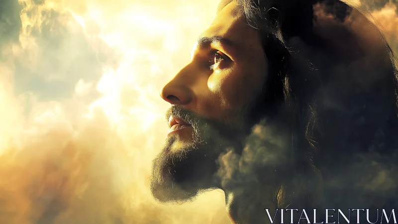 Bearded man’s illuminated profile emerges through dense clouds