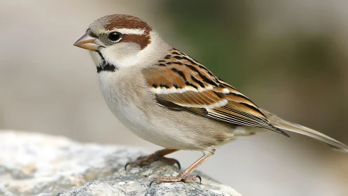 Close-up of a house sparrow perched on a rock in natural light.