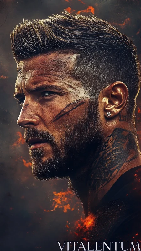 Scarred warrior in flames gazes ahead with fierce resolve.