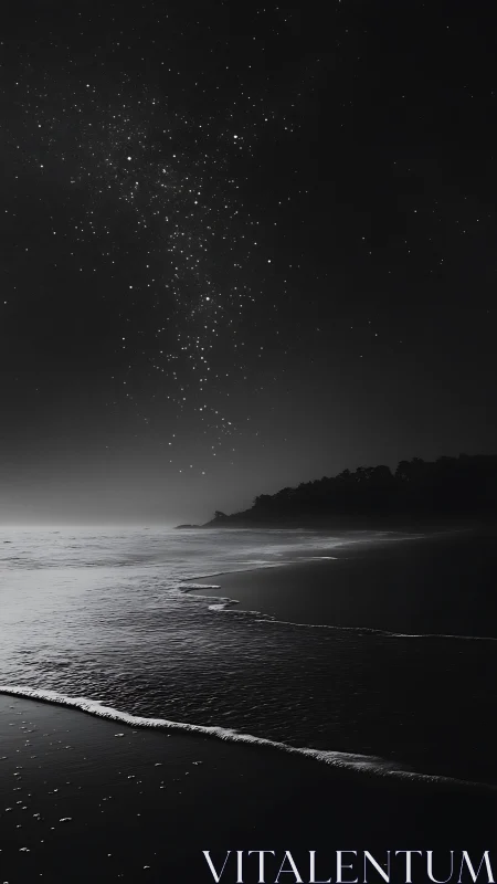 Starry night sky over calm monochrome ocean shoreline.