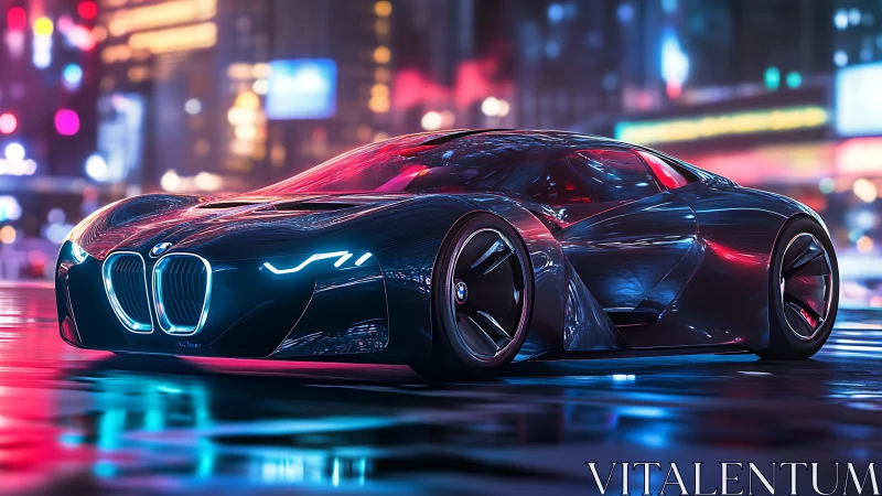 Futuristic BMW supercar glides through neon lit cyberpunk city streets