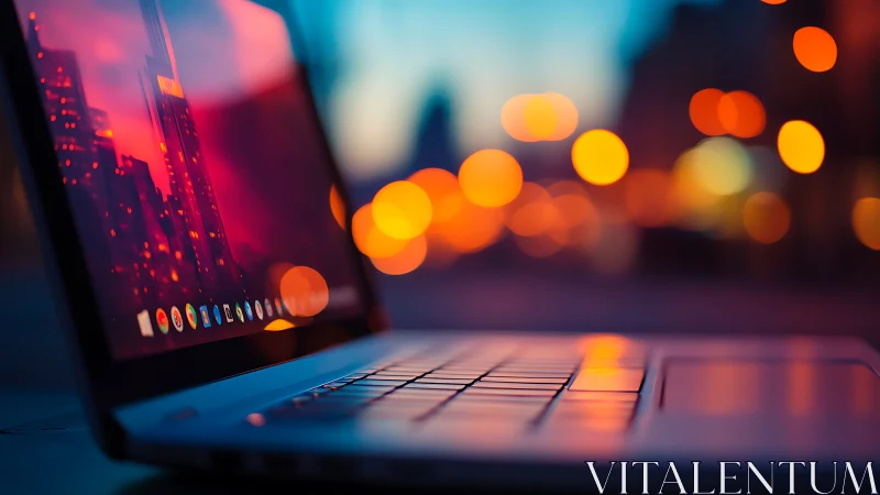 Sleek laptop in neon city bokeh at twilight glow.