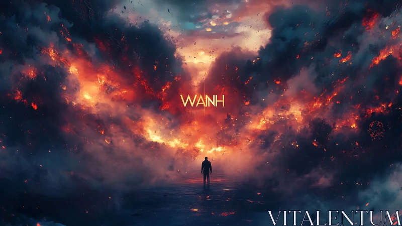 Solitary Figure Standing Before Apocalyptic Inferno Landscape