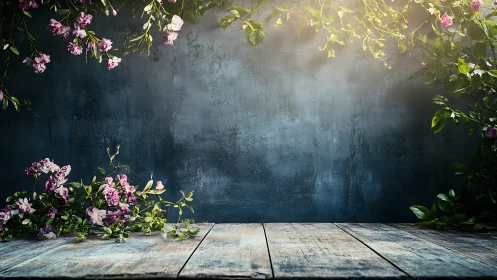 Floral Garden Against Weathered Indigo Wall and Wooden Deck