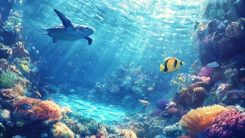Radiant pelagic reefscape with turtle and butterflyfish interplay.