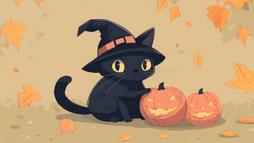 Black Cat Wearing Witch Hat With Halloween Pumpkins