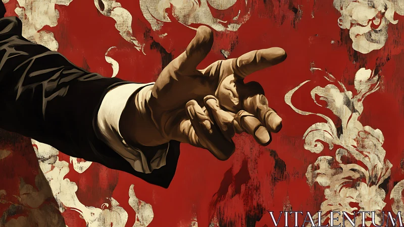 Hand extended toward possibility against bold red backdrop.