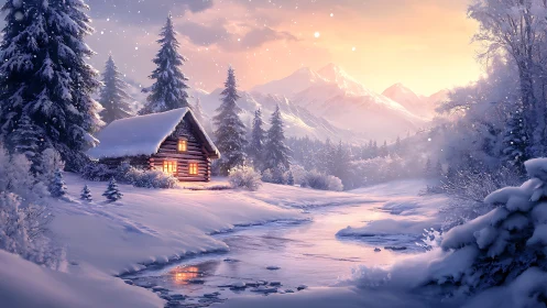 Snowy log cabin by frozen river at sunset in mountains.