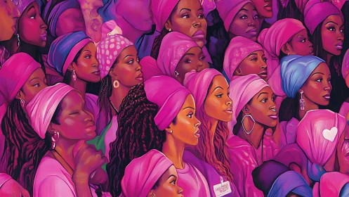 Women in Pink Headscarves Gathered Together, Digital Art Style.