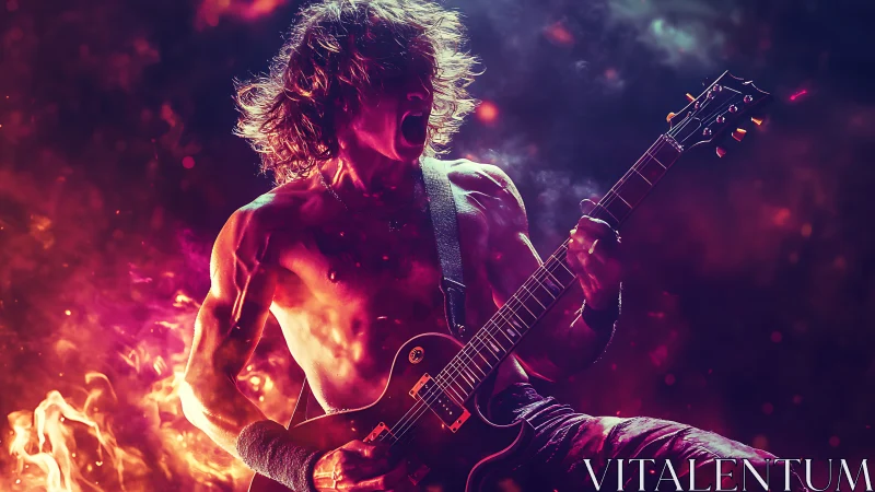 Explosive rock guitarist in fiery, neon-lit performance scene.