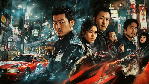 Neon storm racers prowl through midnight Tokyo streets.