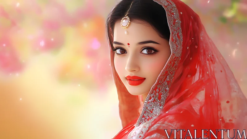 Radiant bride in red dupatta glows against dreamy pastels