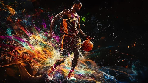 Electric basketball moment bursting with color and motion.
