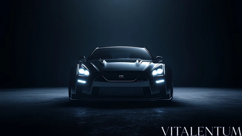 Midnight GT-R predator poised in cinematic tunnel glow.