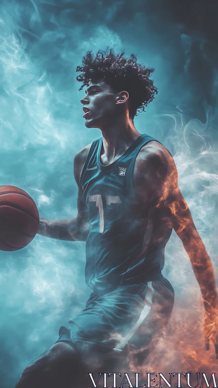 Dynamic basketball player runs through blue and orange smoke.
