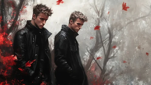 Brooding leather-clad twins among storm-tossed crimson leaves.