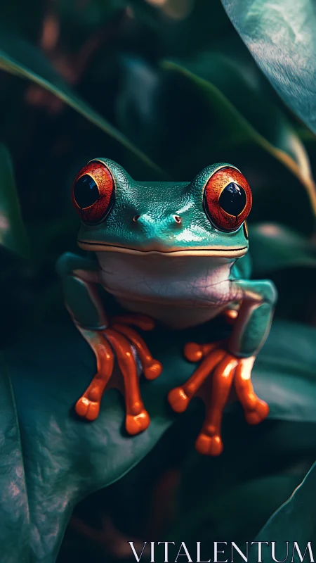 Red-eyed tree frog grips glossy jungle leaf at dusk.