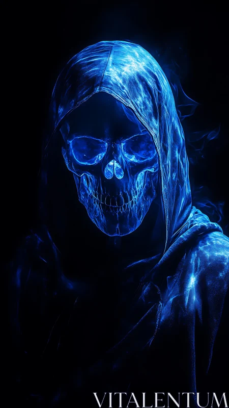 Luminous blue spectral skull emerges from a shadowed hood.