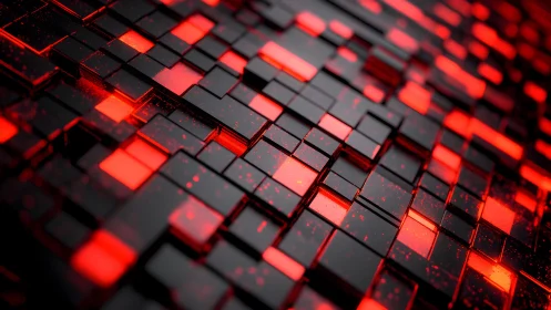 Futuristic glowing black and red cubes in 3D digital abstract style.
