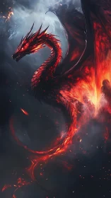 Infernal crimson dragon coils through volcanic storm.