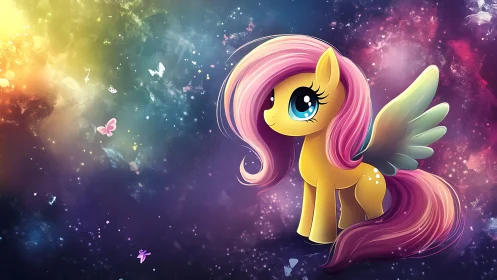 Winged cartoon pony against multicolored cosmic background.