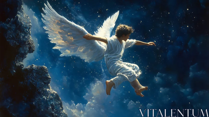 Luminous winged figure glides across celestial night sky