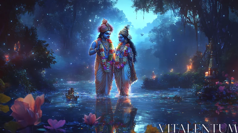 Moonlit river of devotion with radiant divine companions.