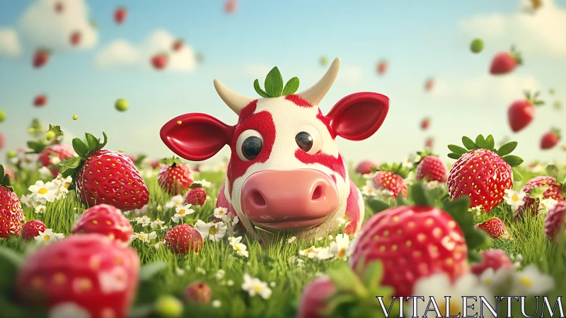3D stylized strawberry cow in lush spring meadow panorama.