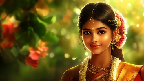 Traditional Indian Woman in Festive Attire, Digital Art Portrait.