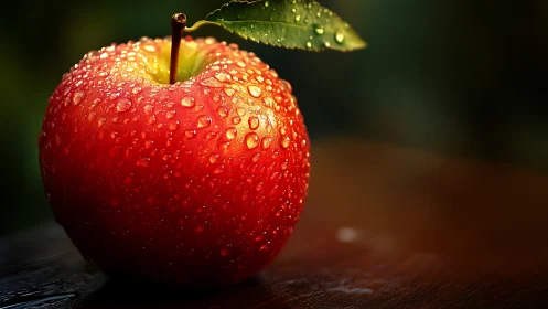 Water-dropped red apple in dramatic low-key macro lighting.