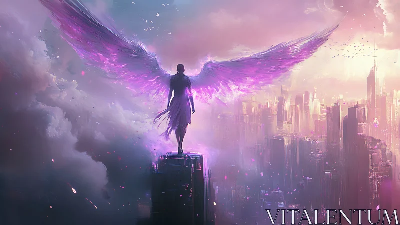 Neon-winged guardian eclipses a dreamlit cyber skyline.