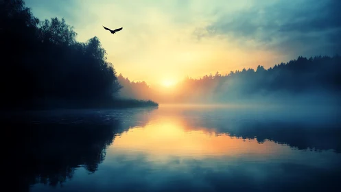 Backlit foggy lake horizon captures gradient dawn reflection