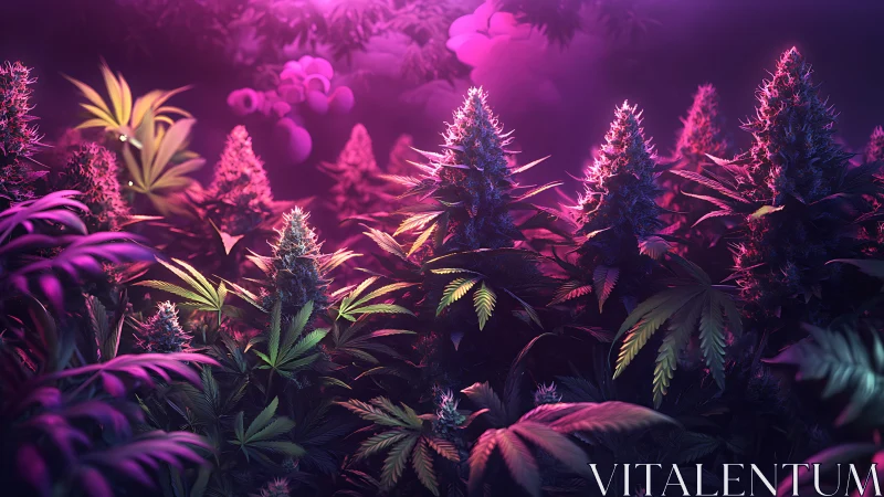 Neon jungle blossoms dance beneath a dreamlit purple sky