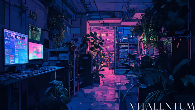 Night office interior shows dual-monitor workstation and plants