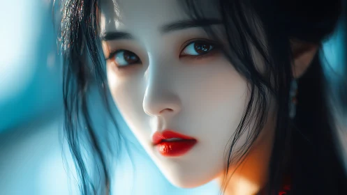 Hyperreal digital portrait of luminous gaze and carmine lips.