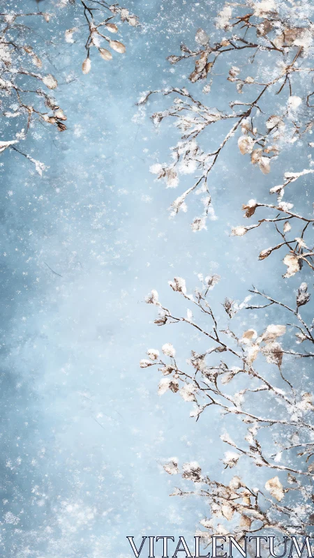 Snow covered winter branches on blue textured background.