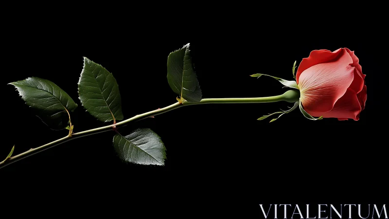Single red rose stem displayed against dark background with foliage.