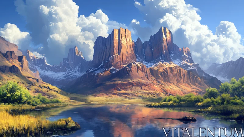 Rock formations rise above reflective alpine water surface